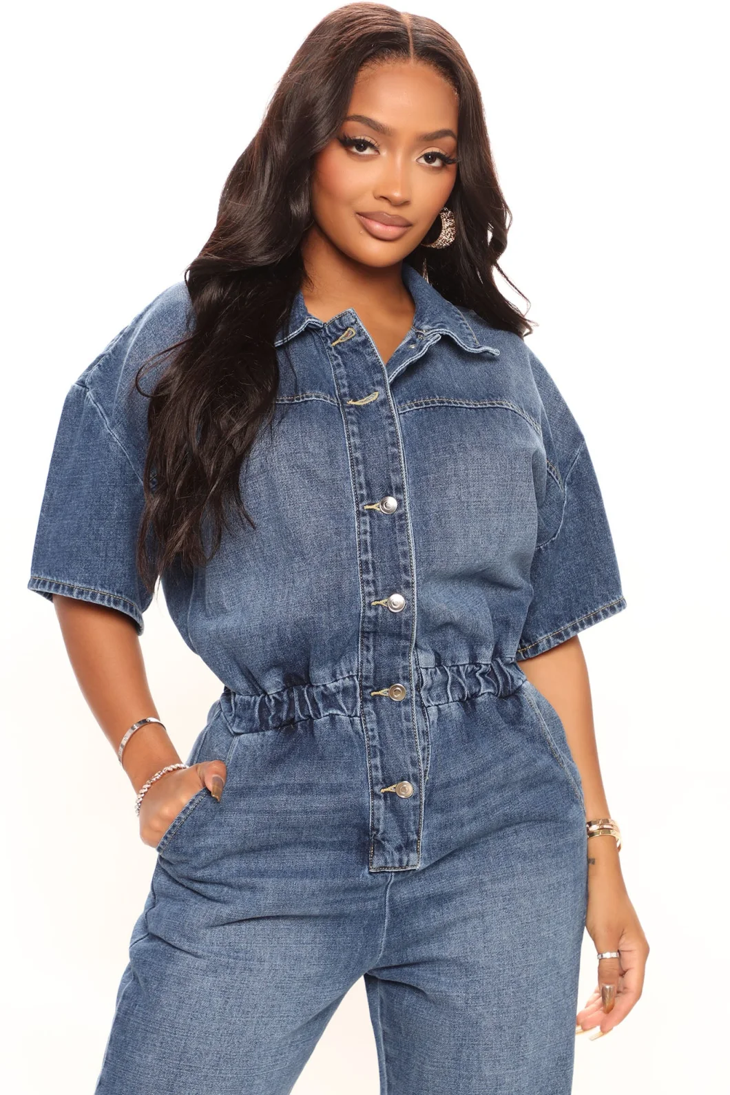 Women Clothing Short Sleeve Collar Elastic Waistband Wash Jogger Non-Stretch MID Blue Denim Jumpsuit