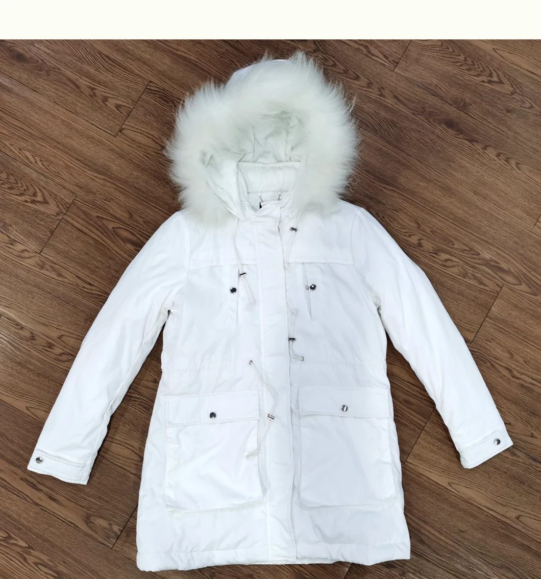 Woman Winter White Color MID-Long Length Faux-Fur Hood Outdoor Coat