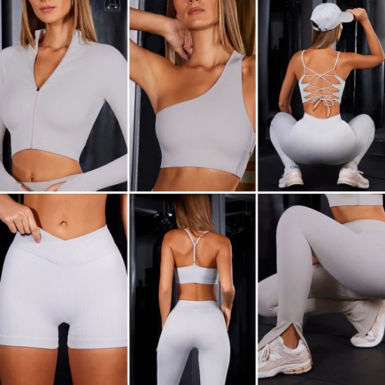 Neues Angebot 7PCS Sexy Athletic Activewear-Sets gerippte Yoga-Kleidung für Frauen, individuelles Logo Damen nahtlose Freizeit-Sportbekleidung Workout-Gymnastik-Kleidung